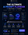 Promotional graphic for 'The Ultimate AI Prompt Playbook' with a laptop displaying the book cover on a dark background.