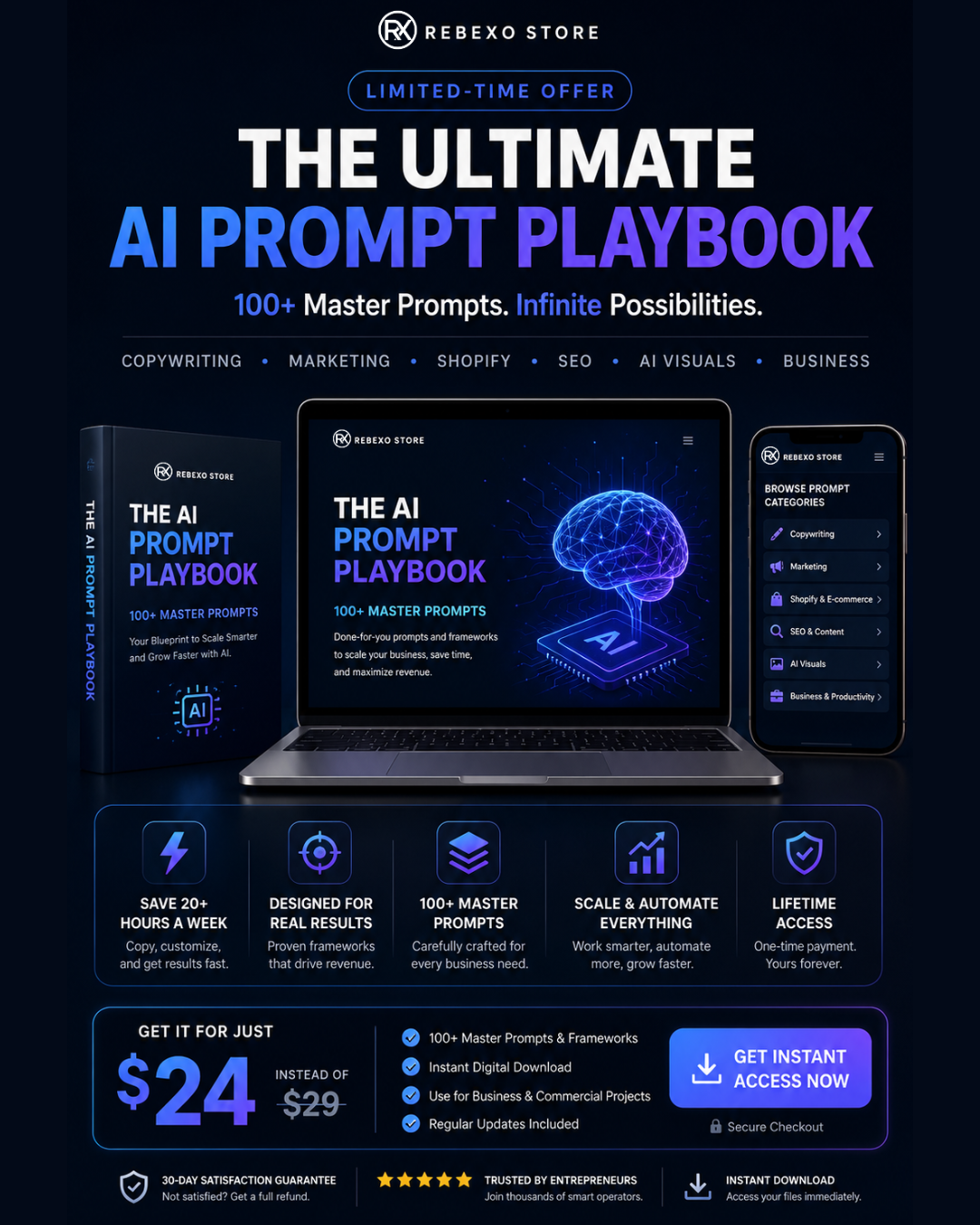 Promotional graphic for 'The Ultimate AI Prompt Playbook' with a laptop displaying the book cover on a dark background.