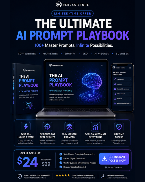Promotional graphic for 'The Ultimate AI Prompt Playbook' with a laptop displaying the book cover on a dark background.